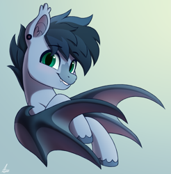 Size: 1929x1959 | Tagged: safe, artist:luminousdazzle, derpibooru import, oc, oc only, oc:sugoi, bat pony, bat wings, bust, ear fluff, ear piercing, ears, fangs, fluffy mane, gift art, looking at you, male, piercing, simple background, smiling, smiling at you, solo, unshorn fetlocks, wings