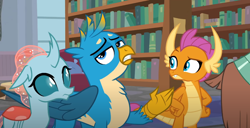 Size: 1042x532 | Tagged: safe, derpibooru import, screencap, gallus, ocellus, smolder, yona, changedling, changeling, dragon, griffon, yak, season 8, what lies beneath, spoiler:s08, bookshelf, offscreen character, raised eyebrow