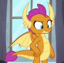 Size: 801x785 | Tagged: safe, derpibooru import, screencap, smolder, dragon, molt down, season 8, spoiler:s08, cropped, dragoness, female, hand on hip, raised eyebrow, solo, spread wings, wings