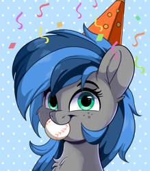 Size: 2100x2400 | Tagged: safe, artist:joaothejohn, derpibooru import, oc, oc only, oc:bibbo, pegasus, pony, baseball, birthday, chest fluff, commission, cute, hat, looking at you, pegasus oc, simple background, smiling, solo, sports