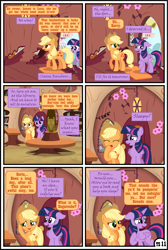 Size: 3255x4838 | Tagged: safe, artist:gutovi, derpibooru import, applejack, twilight sparkle, twilight sparkle (alicorn), alicorn, earth pony, pony, comic:why me!?, alternate ending, comic, door, doorway, female, golden oaks library, hat, high res, lesbian, mare, shipping, show accurate, table, twijack, yawn