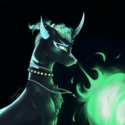 Size: 1250x1250 | Tagged: safe, artist:thelazyponyy, derpibooru import, oc, oc only, pony, unicorn, black background, bust, chest fluff, curved horn, ear piercing, female, fire, fire breath, horn, jewelry, mare, necklace, piercing, simple background, solo, unicorn oc