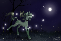 Size: 2000x1339 | Tagged: safe, artist:thelazyponyy, derpibooru import, oc, oc only, earth pony, firefly (insect), insect, pony, choker, ear fluff, ears, earth pony oc, full moon, moon, outdoors, running, signature, solo
