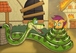 Size: 3146x2172 | Tagged: safe, artist:kinipharian, derpibooru import, scootaloo, pegasus, pony, snake, building, coils, duo, female, filly, fire, foal, hypno eyes, kaa, kaa eyes, male, outdoors, well