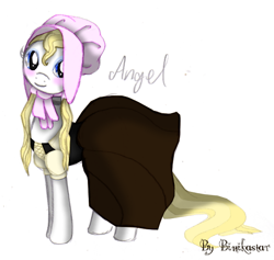 Size: 600x569 | Tagged: safe, artist:binikastar, derpibooru import, oc, oc only, earth pony, pony, blushing, clothes, dress, earth pony oc, female, mare, signature, simple background, smiling, solo, story included, white background