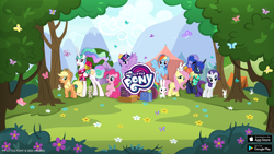 Size: 2560x1440 | Tagged: safe, derpibooru import, angel bunny, applejack, fluttershy, pinkie pie, princess celestia, princess luna, rainbow dash, rarity, twilight sparkle, twilight sparkle (alicorn), alicorn, earth pony, pegasus, pony, rabbit, between dark and dawn, animal, female, gameloft, mane six, mare, my little pony logo, official, video game, youtube banner