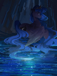 Size: 1620x2160 | Tagged: safe, artist:lendftcn, derpibooru import, princess luna, alicorn, pony, crown, female, film grain, jewelry, mare, raised hoof, raised leg, regalia, solo, spread wings, water, wings