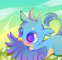 Size: 474x457 | Tagged: artist needed, safe, derpibooru import, gallus, griffon, adorable face, behaving like a bird, birb, biting, bloom, blue eyes, cloud, colorful, cute, dawn, ear fluff, ears, eye reflection, gallabetes, glowing, grass, grooming, looking at you, male, preening, purple eyes, reflection, shadow, sky, weapons-grade cute, windy, wings, younger