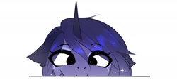 Size: 1934x885 | Tagged: safe, artist:magnaluna, derpibooru import, princess luna, alicorn, pony, ears, eye clipping through hair, eyebrows, eyebrows visible through hair, female, floppy ears, looking at you, mare, simple background, smiling, smiling at you, solo, sparkles, white background