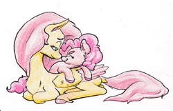 Size: 1266x816 | Tagged: safe, artist:lost marbles, derpibooru import, fluttershy, pinkie pie, earth pony, pegasus, pony, boop, colored pencil drawing, eyes closed, lying down, lying on top of someone, nose wrinkle, noseboop, prone, simple background, size difference, smol, tallershy, traditional art, white background