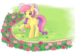 Size: 903x627 | Tagged: safe, artist:serasugee, derpibooru import, oc, oc only, oc:beautiful bloom, earth pony, pony, female, flower, grass, mare, rose, scenery, sketch, solo, sun hat, watering can, yellow