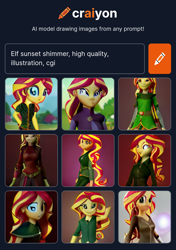 Size: 1072x1527 | Tagged: safe, derpibooru import, machine learning generated, sunset shimmer, elf, human, equestria girls, cgi, craiyon, illustration