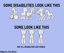 Size: 1482x1229 | Tagged: safe, alternate version, artist:didgereethebrony, derpibooru import, earth pony, pegasus, pony, unicorn, amputee, autism, autism spectrum disorder, blank eyes, broken horn, broken wing, disabled, elderly, horn, mental illness, wheelchair, wings