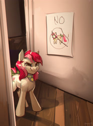 Size: 2581x3485 | Tagged: safe, artist:annna markarova, derpibooru import, roseluck, earth pony, pony, become ungovernable, bell, bell collar, bow, collar, commission, commissioner:doom9454, eyebrows, eyebrows visible through hair, female, fuck the police, glare, high res, mare, meme, pet tag, pony pet, rosepet, signature, smiling, smirk, smug, solo