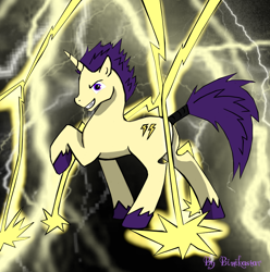 Size: 800x805 | Tagged: safe, artist:binikastar, derpibooru import, oc, oc only, pony, unicorn, abstract background, grin, horn, lightning, male, raised hoof, raised leg, smiling, solo, stallion, unicorn oc