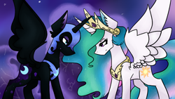 Size: 2488x1400 | Tagged: safe, artist:namiiarts, derpibooru import, nightmare moon, princess celestia, alicorn, pony, constellation, duo, frown, grin, looking at each other, looking at someone, narrowed eyes, smiling, spread wings, wings