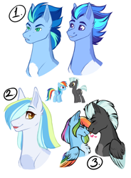 Size: 1400x1900 | Tagged: safe, artist:purplegrim40, derpibooru import, rainbow dash, oc, pegasus, pony, bust, chest fluff, female, male, mare, offspring, parent:rainbow dash, parent:thunderlane, parents:thunderdash, pegasus oc, simple background, smiling, stallion, white background, wings