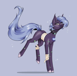 Size: 2636x2574 | Tagged: safe, artist:thelazyponyy, derpibooru import, oc, oc only, earth pony, pony, bandage, blue background, choker, earth pony oc, female, mare, simple background, solo, spiked choker