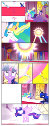 Size: 612x1552 | Tagged: safe, artist:newbiespud, derpibooru import, edit, edited screencap, screencap, princess cadance, princess celestia, princess luna, twilight sparkle, twilight sparkle (alicorn), alicorn, pony, comic:friendship is dragons, twilight's kingdom, comic, female, glowing, glowing eyes, glowing horn, horn, indoors, magic, mare, missing cutie mark, telekinesis