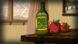 Size: 2400x1350 | Tagged: safe, artist:dragonwolfrooke, derpibooru import, apple, apple cider, bottle, cider, food, no pony, song cover, still life, sweet apple acres, table, tree