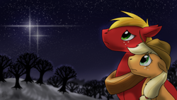 Size: 4800x2700 | Tagged: safe, artist:dragonwolfrooke, derpibooru import, applejack, big macintosh, earth pony, pony, apple, apple tree, bust, duo, high res, looking up, night, sad, stars, tree, winter