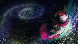 Size: 2400x1350 | Tagged: safe, artist:dragonwolfrooke, derpibooru import, pinkie pie, earth pony, pony, floating, glowing, glowing eyes, open mouth, open smile, smiling, solo, space, wallpaper