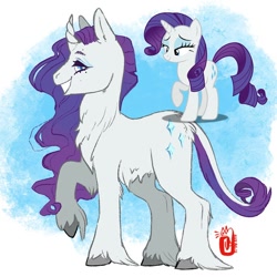 Size: 900x900 | Tagged: safe, artist:chamomilenugget, derpibooru import, rarity, pony, unicorn, chest fluff, curved horn, female, horn, mare, raised hoof, raised leg, signature, simple background, smiling, solo, teeth