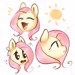 Size: 2800x2800 | Tagged: safe, artist:mirroredsea, derpibooru import, fluttershy, pegasus, pony, bust, crying, emanata, eyes closed, female, happy, mare, open mouth, open smile, portrait, profile, sad, simple background, smiling, solo, sun, teary eyes, white background