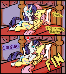 Size: 2400x2700 | Tagged: safe, artist:mc_arts, derpibooru import, fluttershy, rarity, pegasus, pony, unicorn, comic:helping out, bed, blushing, comic, dialogue, female, flarity, heart, holding hooves, kissing, lesbian, lying down, on back, on bed, shipping