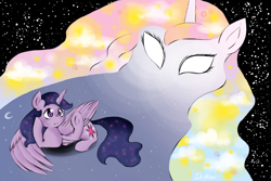 Size: 1350x900 | Tagged: safe, artist:drhikari, derpibooru import, princess celestia, twilight sparkle, twilight sparkle (alicorn), alicorn, pony, ethereal mane, immortality blues, starry mane, stars