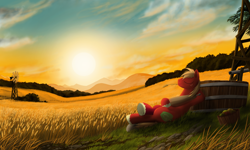 Size: 2000x1200 | Tagged: safe, artist:cerebre-arkor, derpibooru import, big macintosh, earth pony, pony, barrel, eyes closed, field, food, leaning, lying down, male, on back, scenery, solo, stallion, straw in mouth, wheat