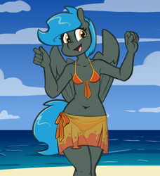 Size: 1012x1112 | Tagged: safe, artist:whatsapokemon, derpibooru import, oc, oc only, oc:jade shine, anthro, pegasus, anthro oc, beach, belly button, bikini, breasts, clothes, delicious flat chest, female, golden eyes, mare, open mouth, open smile, sarong, see-through, small breasts, smiling, solo, swimsuit