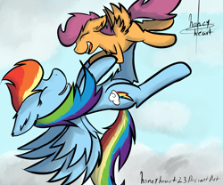 Size: 3000x2500 | Tagged: safe, artist:honeyheart23, derpibooru import, rainbow dash, scootaloo, pegasus, pony, duo, eyes closed, female, flying, scootaloo can fly, scootalove, smiling