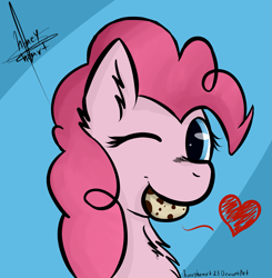 Size: 2087x2126 | Tagged: safe, artist:honeyheart23, derpibooru import, pinkie pie, earth pony, pony, bust, chest fluff, cookie, female, food, heart, misleading thumbnail, one eye closed, solo, wink