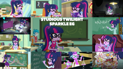Size: 1974x1112 | Tagged: safe, derpibooru import, edit, edited screencap, editor:quoterific, screencap, sandalwood, sci-twi, spike, spike the regular dog, sunset shimmer, twilight sparkle, dog, eqg summertime shorts, equestria girls, equestria girls series, friendship games, friendship math, holidays unwrapped, mad twience, overpowered (equestria girls), rollercoaster of friendship, subs rock, the finals countdown, the last day of school, spoiler:eqg series (season 2), :o, beach, beach chair, blizzard or bust, book, bowtie, chair, chalk, chalkboard, clothes, cutie mark on clothes, eyes closed, female, geode of telekinesis, glasses, goggles, jewelry, magical geodes, male, necklace, offscreen character, open mouth, ponytail, text