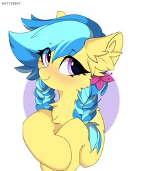 Size: 1707x2000 | Tagged: safe, artist:butterbit, derpibooru import, oc, oc only, oc:jeppesen, pegasus, pony, unicorn, bust, cheek fluff, chest fluff, commission, ear fluff, ears, eyebrows, eyelashes, female, flower, flower in hair, highlights, horn, looking at you, mare, pegasus oc, portrait, purple eyes, simple background, smiling, smiling at you, solo, twin braids, unicorn oc, white background, ych result