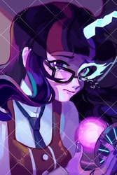 Size: 709x1063 | Tagged: safe, artist:kameko_mikan, derpibooru import, midnight sparkle, sci-twi, twilight sparkle, equestria girls, bust, clothes, crystal prep academy uniform, duality, female, glasses, looking at you, magic capture device, portrait, sample, school uniform, solo, watermark