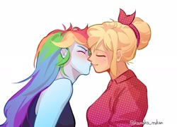 Size: 2424x1748 | Tagged: safe, artist:kameko_mikan, derpibooru import, applejack, rainbow dash, equestria girls, appledash, bare shoulders, blushing, bust, clothes, duo, duo female, eyes closed, female, freckles, kissing, lesbian, profile, shipping, simple background, sleeveless, tanktop, white background