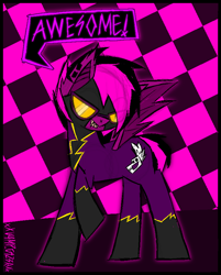 Size: 1416x1762 | Tagged: safe, artist:xxv4mp_g4z3rxx, derpibooru import, oc, oc:violet valium, bat pony, pony, bat pony oc, checkered background, clothes, costume, ear piercing, emo, fangs, female, full body, goggles, mare, piercing, shadowbolts costume, sharp teeth, smiling, solo, speech bubble, spread wings, tail, teeth, torn ear, two toned mane, two toned tail, wings