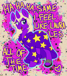 Size: 1789x2048 | Tagged: safe, artist:ssnugglepunk, derpibooru import, pony, unicorn, 100 gecs, blonde, blue eyes, cloak, clothes, female, laura les, lyrics, mare, ponified, shoes, solo, stars, text