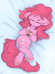 Size: 1536x2048 | Tagged: safe, artist:eventseem, derpibooru import, pinkie pie, earth pony, pony, earbuds, ears, female, floppy ears, listening to music, mare, mp3 player, sleeping, solo, unshorn fetlocks