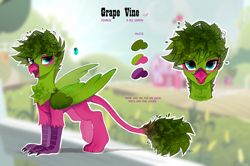 Size: 3880x2576 | Tagged: safe, alternate version, artist:zlatavector, derpibooru import, oc, oc only, oc:grape vine, griffon, beak, commission, femboy, griffon oc, long tail, looking at you, male, reference sheet, smiling, solo, tail