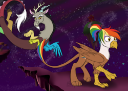 Size: 1280x905 | Tagged: safe, artist:zuckerluchs, derpibooru import, discord, oc, oc:rainbow feather, hippogriff, background, interspecies offspring, magical lesbian spawn, offspring, parent:gilda, parent:rainbow dash, parents:gildash, space, story included