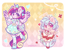 Size: 3336x2534 | Tagged: safe, artist:colorfulcolor233, derpibooru import, part of a set, cozy glow, princess cadance, alicorn, pegasus, semi-anthro, bow, clothes, commission, dress, duo, fake halo, fashion, hair bow, hairpin, heart, hoof shoes, letter, lolita fashion