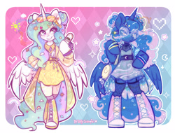 Size: 3336x2534 | Tagged: safe, artist:colorfulcolor233, derpibooru import, part of a set, princess celestia, princess luna, alicorn, pony, bag, cellphone, clothes, commission, converse, dress, duffle bag, duo, fashion, flip phone, glasses, hoof shoes, phone, shoes