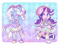 Size: 3336x2534 | Tagged: safe, artist:colorfulcolor233, derpibooru import, part of a set, starlight glimmer, trixie, semi-anthro, unicorn, bandaid, bandaid on nose, beanie, bow, bracelet, candy, commission, converse, cute, diatrixes, duo, fashion, food, glimmerbetes, hair bow, hat, high res, hoof shoes, horn, jar, jewelry, open mouth, open smile, shoes, smiling, tail, underhoof