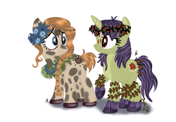 Size: 867x600 | Tagged: safe, artist:renaissance-soul, derpibooru import, oc, oc only, oc:bramble berry, oc:soothing lilly, earth pony, pony, unicorn, coat markings, cult, cultist, dirt, duo, face paint, female, floral head wreath, flower, flower in hair, mare, mud, raised hoof, raised leg, simple background, thorn, transparent background, unshorn fetlocks