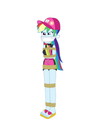 Size: 762x1049 | Tagged: safe, artist:robukun, derpibooru import, rainbow dash, equestria girls, equestria girls series, forgotten friendship, beach hat, bondage, bound and gagged, cloth gag, clothes, gag, hat, rope, rope bondage, ropes, sandals, simple background, swimsuit, tied up, transparent background