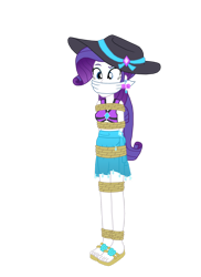 Size: 1280x1761 | Tagged: safe, artist:robukun, derpibooru import, rarity, equestria girls, equestria girls series, forgotten friendship, bondage, bound and gagged, cloth gag, clothes, gag, hat, rope, rope bondage, ropes, sandals, simple background, swimsuit, tied up, transparent background