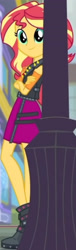 Size: 1250x4093 | Tagged: safe, derpibooru import, screencap, sunset shimmer, better together, equestria girls, super squad goals, boots, clothes, cropped, crossed arms, cutie mark on clothes, female, geode of empathy, high heel boots, jewelry, leather, leather boots, leather vest, magical geodes, necklace, shoes, smiling, solo, vest